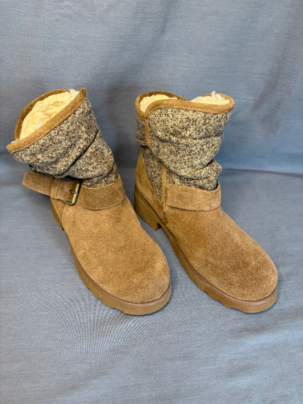 BearPaw Avery Women's Slouch Boots Size 6 Hickory Brown Suede Wool Buckle Knit